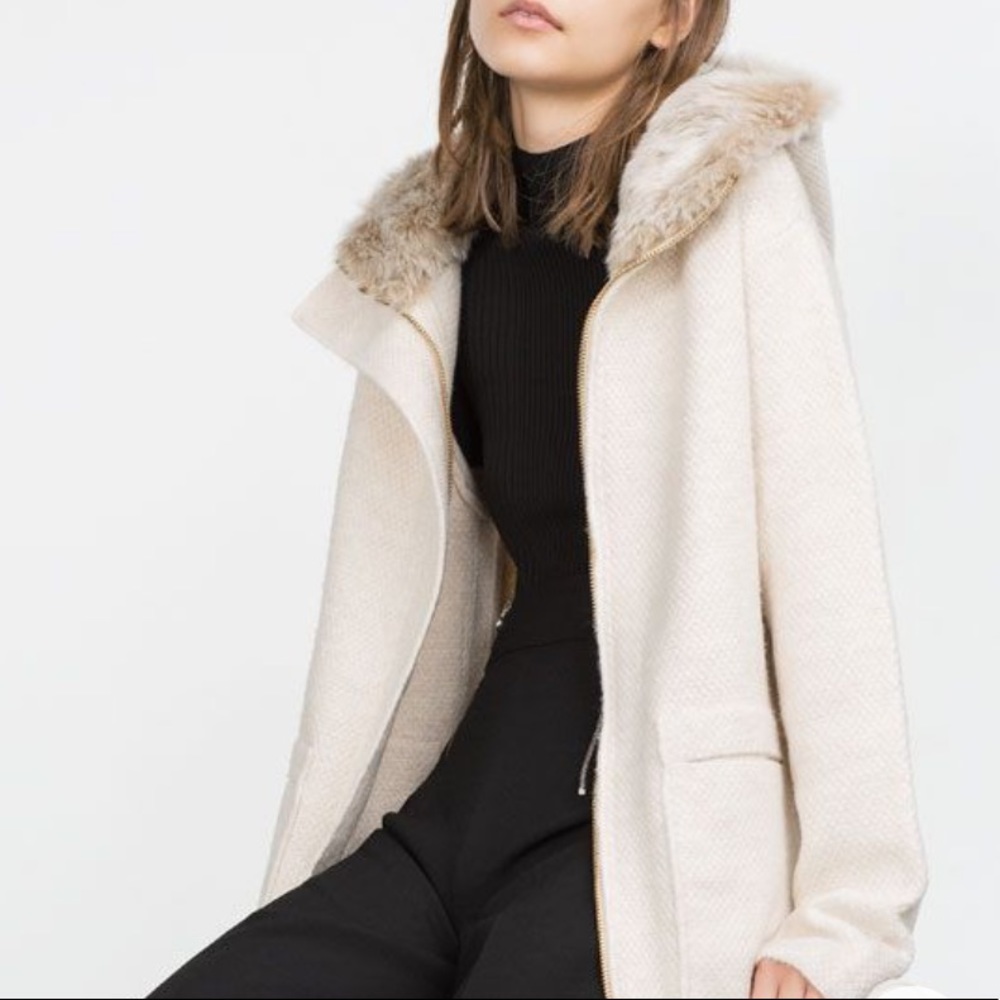 Zara Knit Zip Long Cardigan with Faux Fur Hood and Zipper closure
